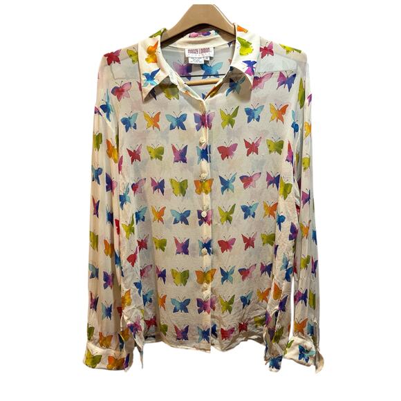 Maggy London sheer silk butterfly button up collared blouse women’s size 14 - Picture 1 of 7